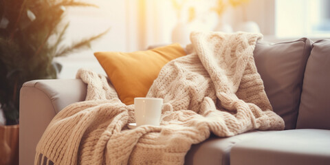 Cozy living room interior with beige sofa, blanket and yellow cushions. Warm Lighting. - obrazy, fototapety, plakaty
