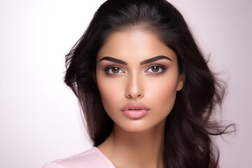 Beautiful Indian woman with pink pastel lips and brown eye shadow on the pink background - obrazy, fototapety, plakaty