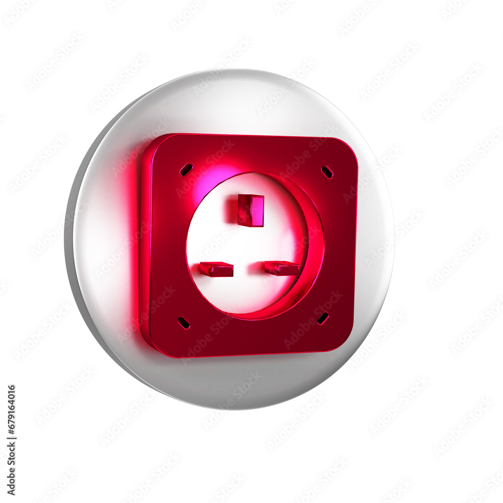 Sticker Red Electrical outlet icon isolated on transparent background. Power socket. Rosette symbol. Silver circle button.