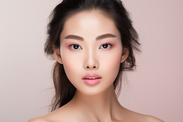 Beautiful asian woman with pastel pink lips and long hair. Close up portrait on the pink background