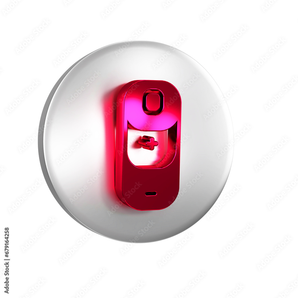 Poster red battery charge level indicator icon isolated on transparent background. silver circle button.