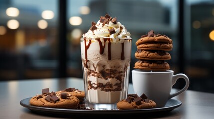Coffee mocha milkshake with cookies and cream Ice cream and chocolate cookies make a sweet latte...