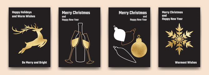 Set of New Year and Christmas greeting card templates. Modern design with gold foil Christmas elements on black background for web banner, party invitations, posters, flyers, social media. - obrazy, fototapety, plakaty