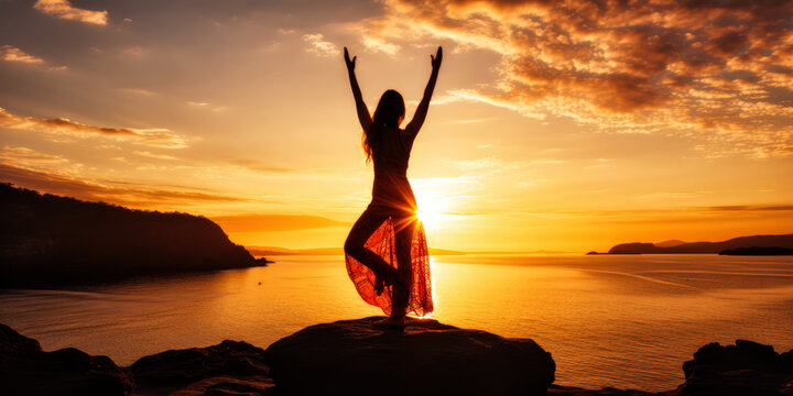Doing Yoga Outdoors Doing yoga at sunset. Generative AI
