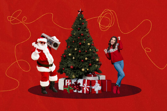 Artwork magazine collage picture of smiling carefree claus helper having fun xmas event isolated red color background