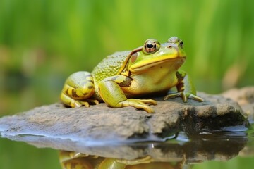 a bullfrog perched on the edge of a pond
