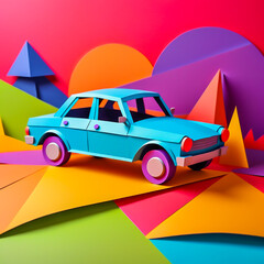 Car made of paper on the abstract background.