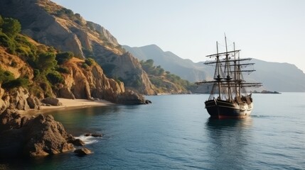 Pirate ship drifts on azure sea during calm arriving to coast. Pirate ship sails from desert island...