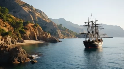 Fototapeten Pirate ship drifts on azure sea during calm arriving to coast. Pirate ship sails from desert island with bright trees in summer sunny weather with calm. Pirate ship with lowered sails on sea © Stavros