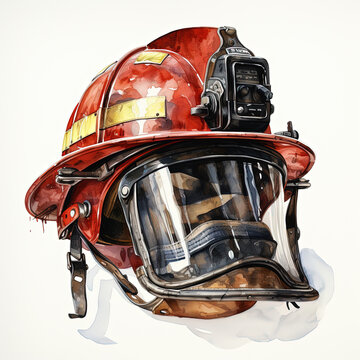 Watercolor Firefighter Helmet Art Illustration, Generative Ai