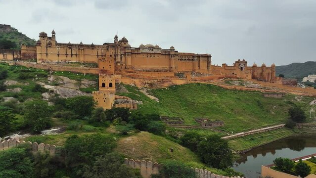 Aerial view of Amer Fort. Amber Fort or Amer Fort in Jaipur, India. Mughal architecture medieval fort made of yellow sandstone. Architecture of India. Jaipur, Rajasthan, India.