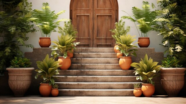 Steps leading open door potted plants high resolution Ai generated illustration