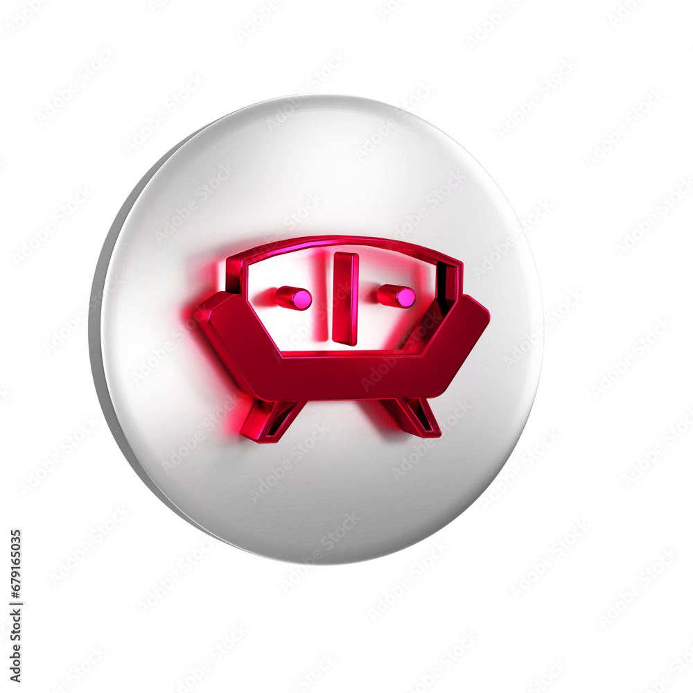 Poster red sofa icon isolated on transparent background. silver circle button.
