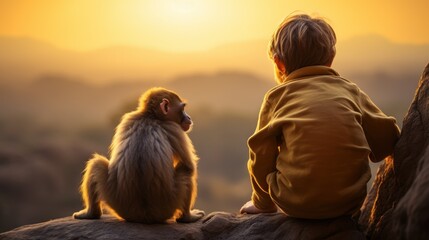 photo of a small monkey macaque with a boy of six years old, looking at the sky and landscape, with his back to the camera. concept of friendship between animals and humans - obrazy, fototapety, plakaty