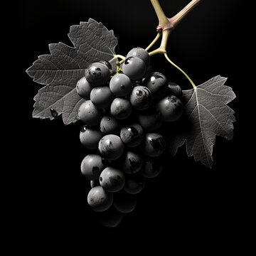 Fotografia en blanco y negro con detalle de racimo de uvas, con reflejos de luz