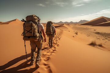 Desert Walks Tours. Athletes explore a wonderful desert.  Sun, desert and a peaceful landscape.