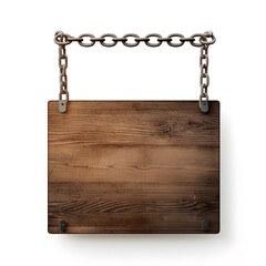  Wooden sign hanging on a chain isolated on white background.