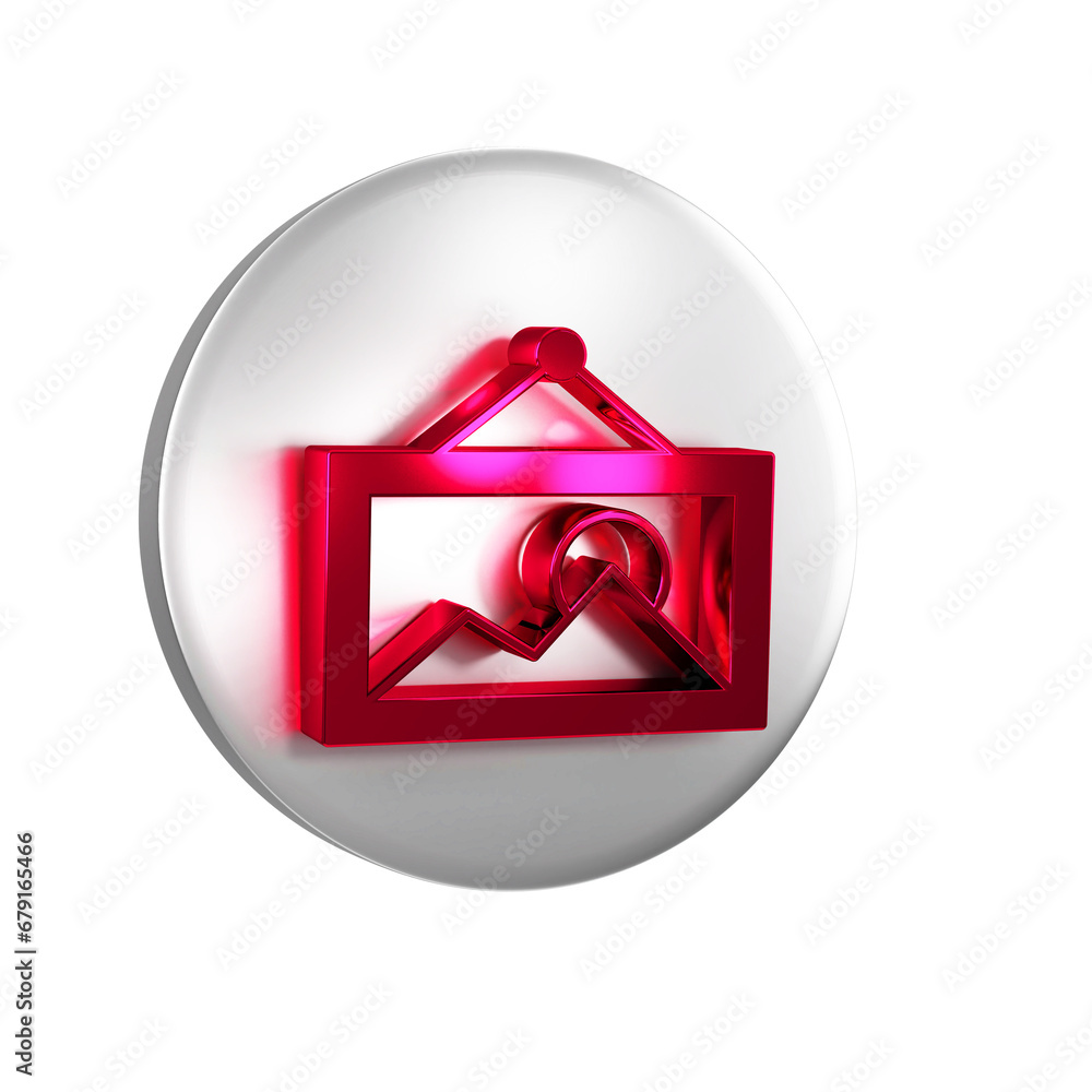 Poster red picture icon isolated on transparent background. silver circle button.