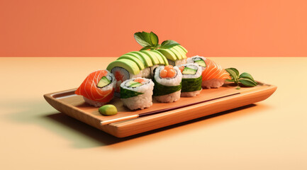 japanese sushi food. Maki ands rolls with tuna, salmon, shrimp, crab and avocado. Rainbow sushi roll, uramaki, hosomaki and nigiri.