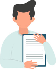 Business marketing illustrations. The guy is holding a tablet with a document in his hands. Vector illustration.
