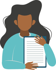 Business marketing illustrations. The girl is holding a tablet with a document in her hands. Vector illustration.
