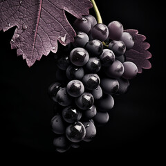 fotografia en blanco y negro con detalle de racimo de uvas con gotas de frescor,y tono purpura acentuado - obrazy, fototapety, plakaty