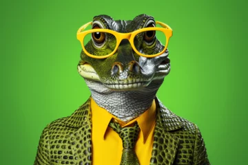 Fotobehang funny crocodile with glasses and suit on green background businessman consultant © mr_marcom