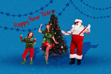 Magazine picture sketch collage image of carefree funky santa helpers wishing happy xmas isolated...