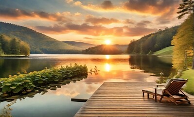 a beautiful sunrise view of a lake with rolling hills and forests in the background with a dock and garden chairs created with generative ai