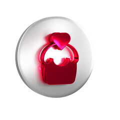 Red Wedding cake with heart icon isolated on transparent background. Happy Valentines day. Silver circle button.