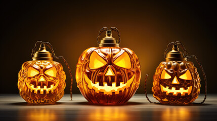 Halloween background. Scary night sky with full moon. A group of three pumpkins and fallen dry leaves on wooden table. Close up.