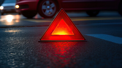 warning triangle on the road, A close up of a red emergency triangle on the road in front of a car after an accident - obrazy, fototapety, plakaty