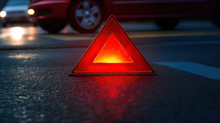 Fotobehang warning triangle on the road, A close up of a red emergency triangle on the road in front of a car after an accident © Planetz