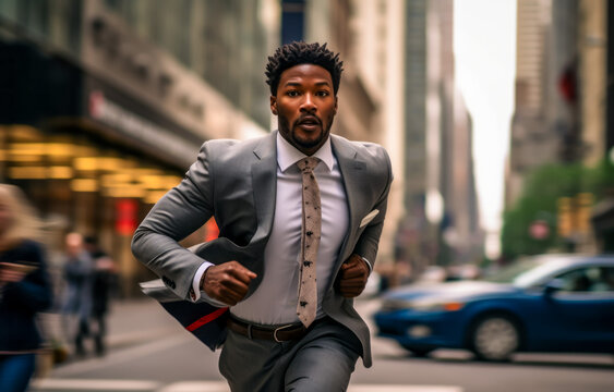 Portrait of a handsome African American businessman in a hurry in the city