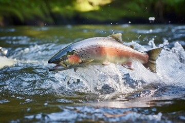 salmon leaping upstream in a river