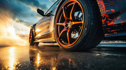 Drifting car wheels close-up,Sports car racing on the race track