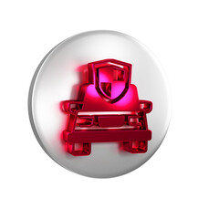 Red Car insurance icon isolated on transparent background. Insurance concept. Security, safety, protection, protect concept. Silver circle button.