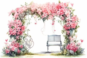 Drawing of a heart-shaped arch made of flowers. Backdrop with selective focus and copy space for the inscription