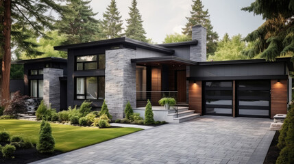 Fototapeta na wymiar Contemporary Design with Natural Stone Facade: A Charming New House with Light Gray Siding and Single Car Garage