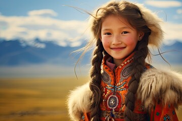 young mongolian girl in traditional clothes standing outdoors