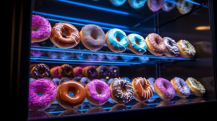 Neon-lit donuts creating a sweet and tempting display on the restaurant's interior, enticing customers.