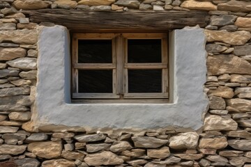 close-up of a stone wall with a wooden window