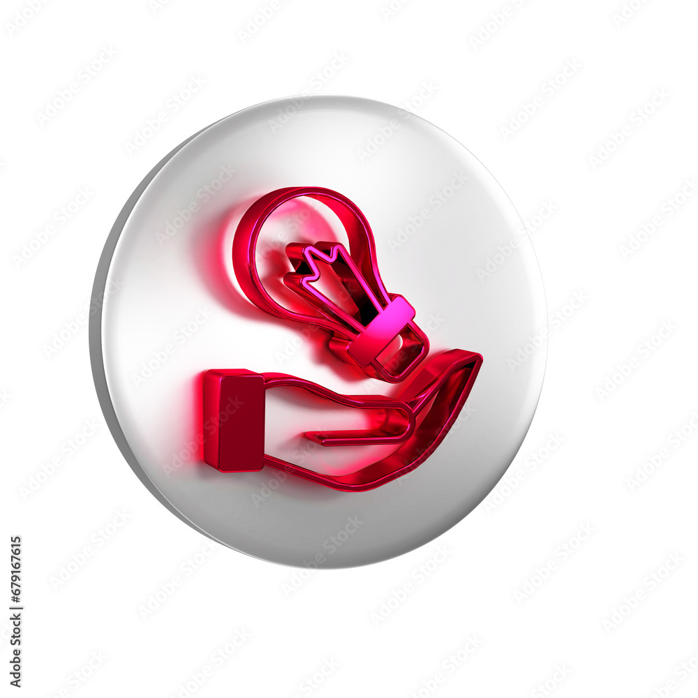 Poster red light bulb in hand with concept of idea icon isolated on transparent background. energy and idea