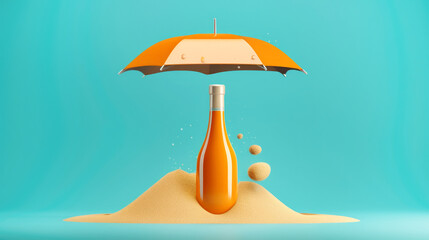 Alcohol awareness month or dry january. Staying dry, orange bottle on a sand under an umbrella. Alcohol Free challenge. No alcohol month creative concept. Copy space, banner - obrazy, fototapety, plakaty