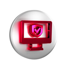 Red Insurance online icon isolated on transparent background. Security, safety, protection, protect concept. Silver circle button.