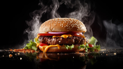 Delicious hamburger on black background