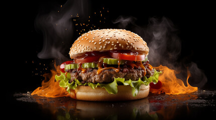 Delicious hamburger on black background With a flame that is burning hot