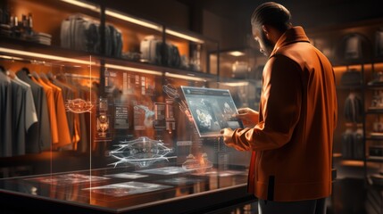 an employee of a modern and industrial design clothing store, ordering merchandise