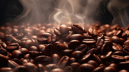 Close-up of hot coffee beans with smoke coming out. - Powered by Adobe
