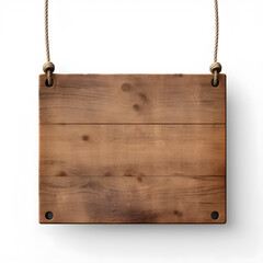 Wooden rustic signboard hanging from a rope, isolated on white background. Wooden sign board hanging on ropes.